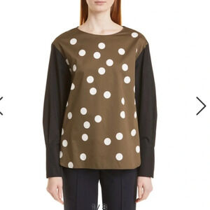 Akris Punto Olive Green Polka Dot Blouse with Black Sleeves